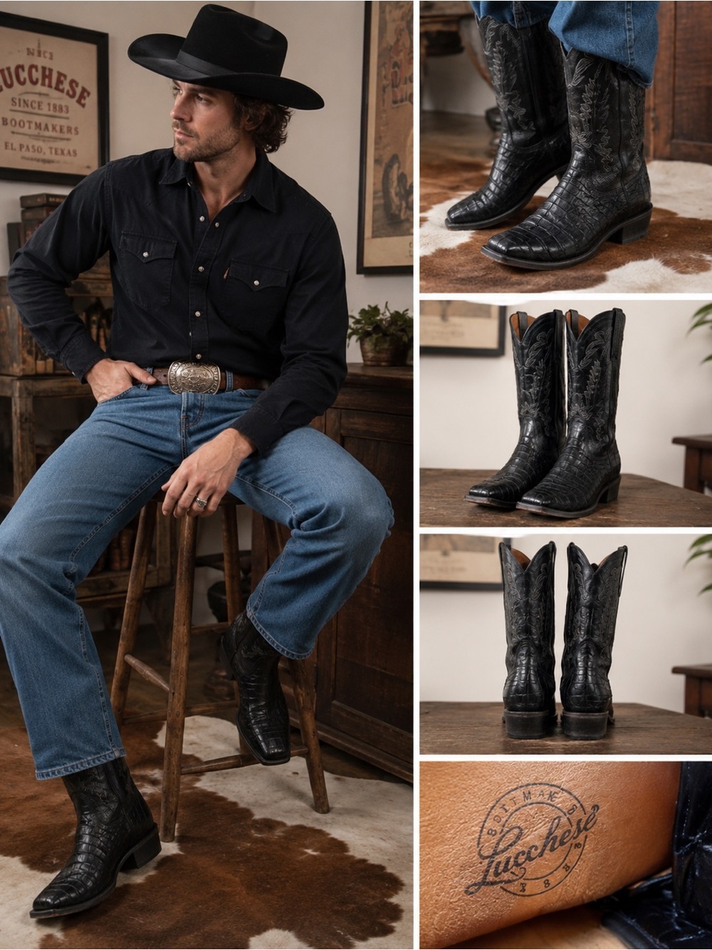 Lucchese Black Caiman Cowboy Boots Men’s Size 9D Exotic Western Leather Square